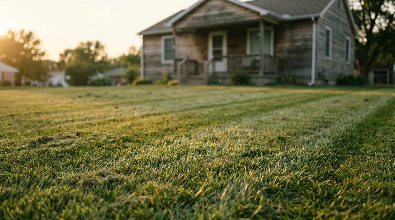 A freshly-mown front yard in late-afternoon light, with mower stripes leading toward a small wood-siding home in the soft background.